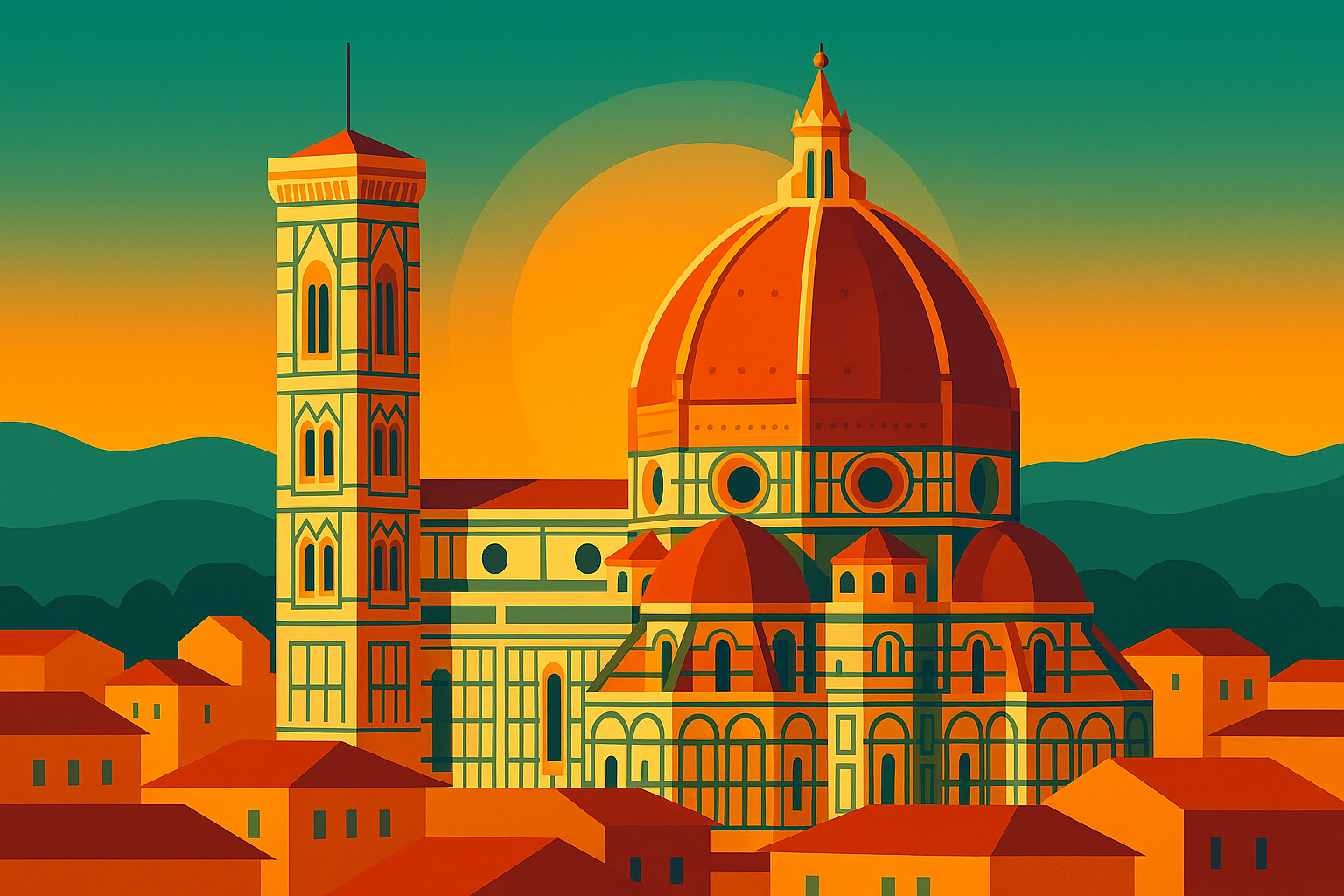Illustrazione vettoriale del Duomo di Firenze al tramonto, in stile poster retrò con colori caldi e geometrie pulite.