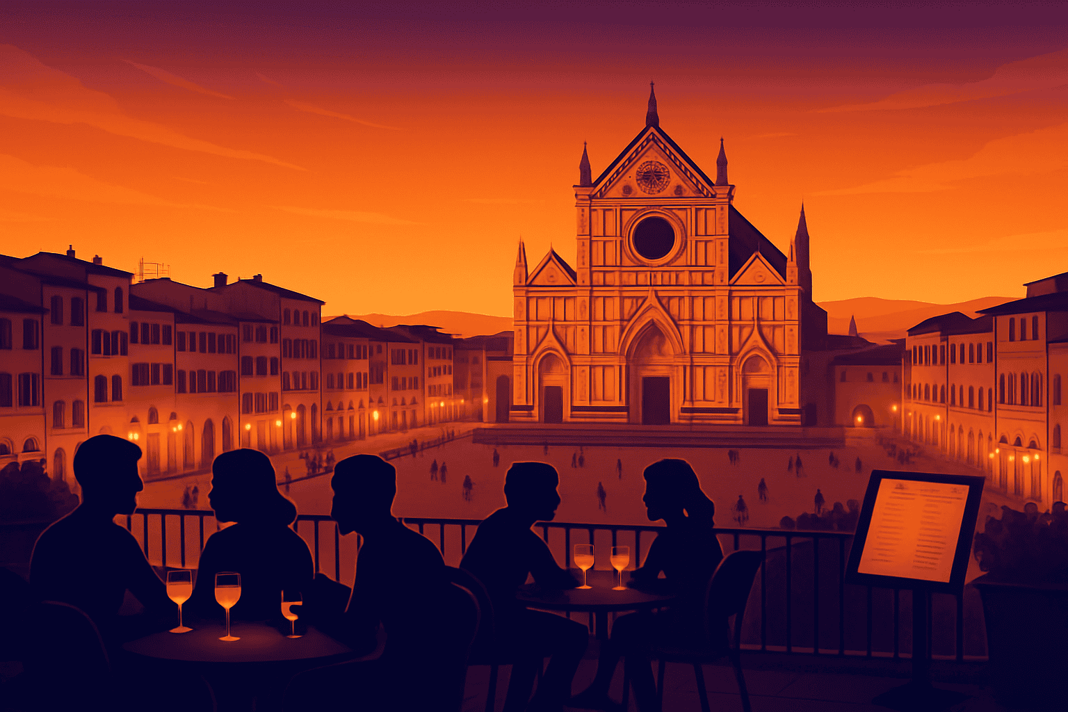 Illustrazione stilizzata al tramonto di Piazza Santa Croce a Firenze con la Basilica illuminata e i palazzi storici.